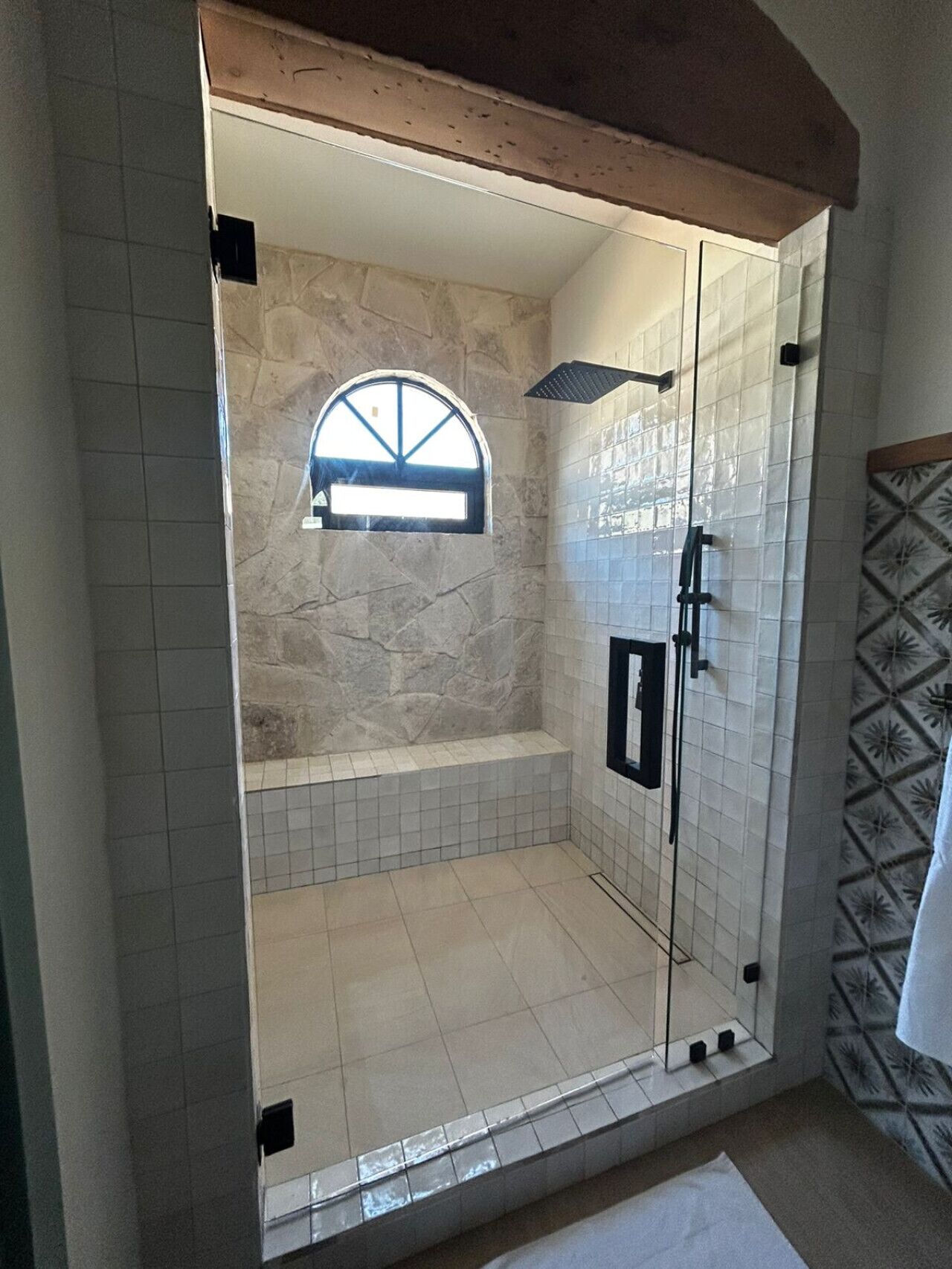 Shower, hair dryer, towels, toilet paper