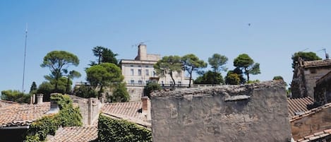A historic building with a prominent tower, surrounded by trees and traditional tiled roofs.