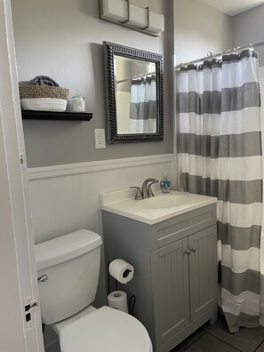 Hair dryer, towels, soap, toilet paper