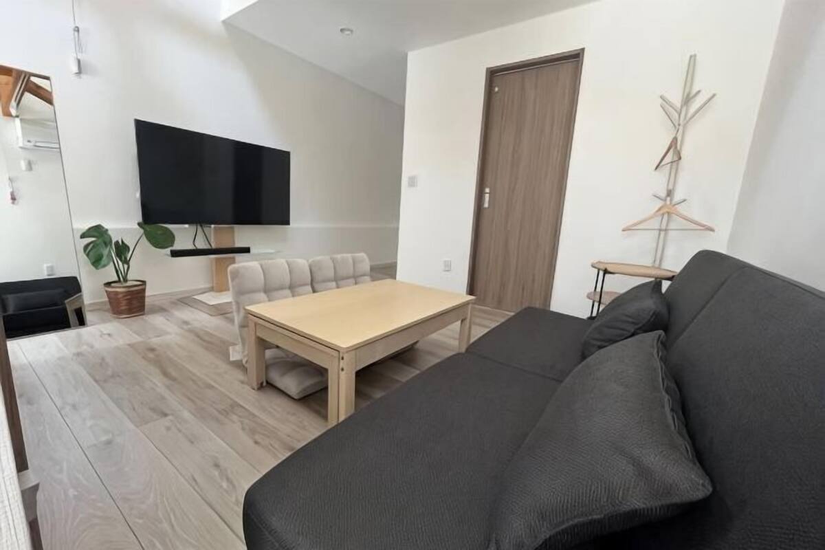 Un salon avec un canapé, une table, un téléviseur, une plante et une porte.