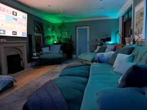 Smart TV, fireplace, video games, DVD player