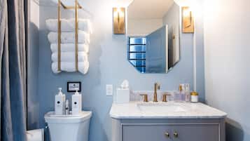 Shower, eco-friendly toiletries, hair dryer, towels