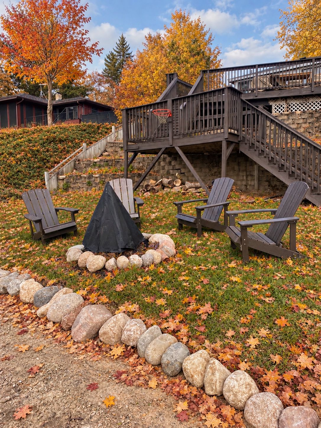 A deck with Adirondack chairs, a covered fire pit, and a stone border.