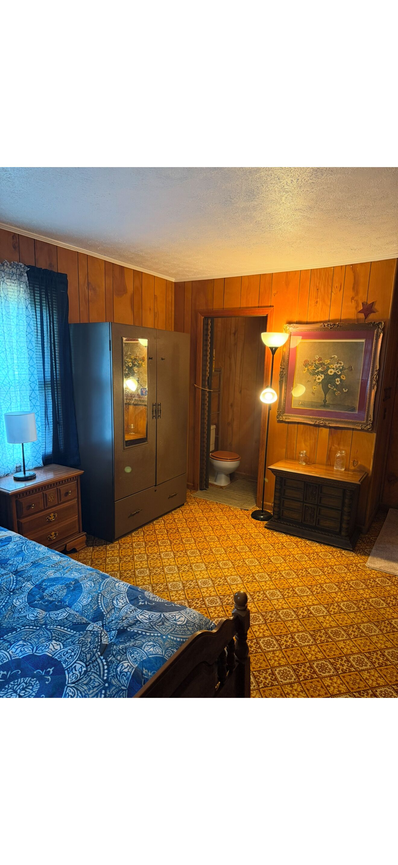 A room with a bed, a wardrobe, a toilet, and a framed picture on the wall.