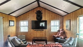 TV connectée, cheminée, baby-foot, livres