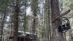 A forested area with a lodge named 'Greene Lodge'.