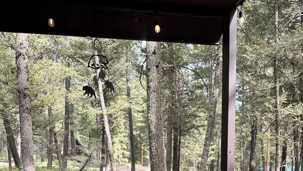 A hot tub with a view of a forest.