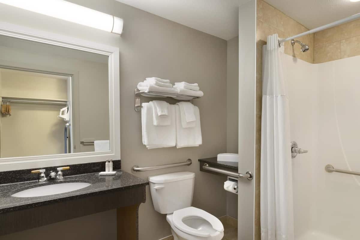 Een badkamer met een wastafel, toilet en douche. Er zijn handgrepen en een handdoekhouder.