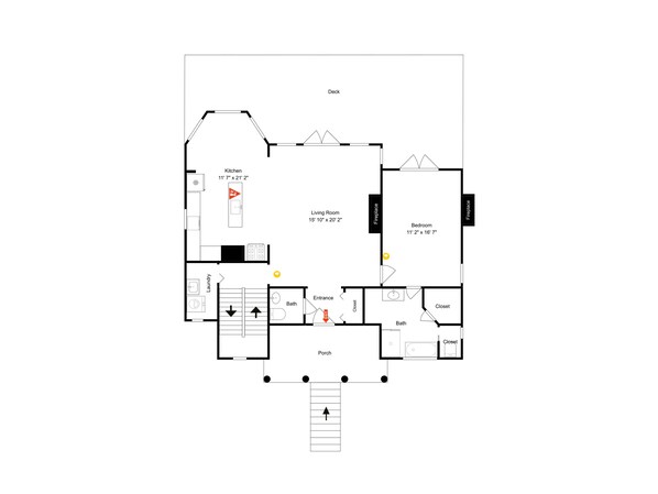 A floor plan with a kitchen, living room, bedroom, bathroom, and porch. - Breakers Pointe by Ryson Vacation Rentals (Galveston)