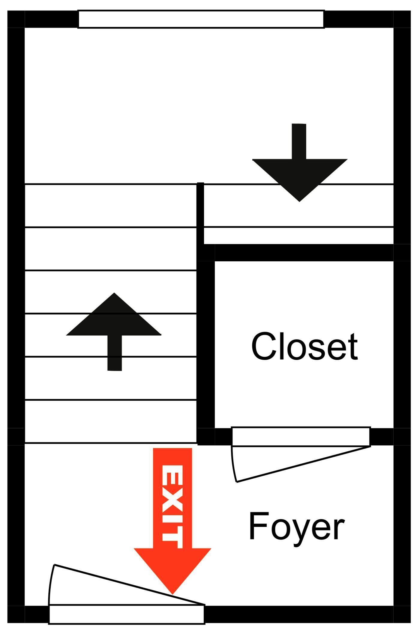 Een plattegrond met een vluchtwegbord, een kast en een hal.