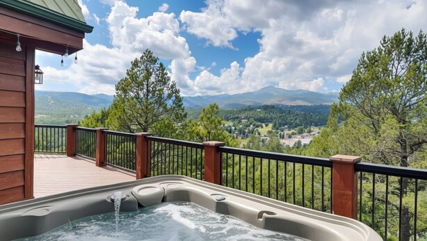 A hot tub on a wooden deck with a view of mountains and trees.