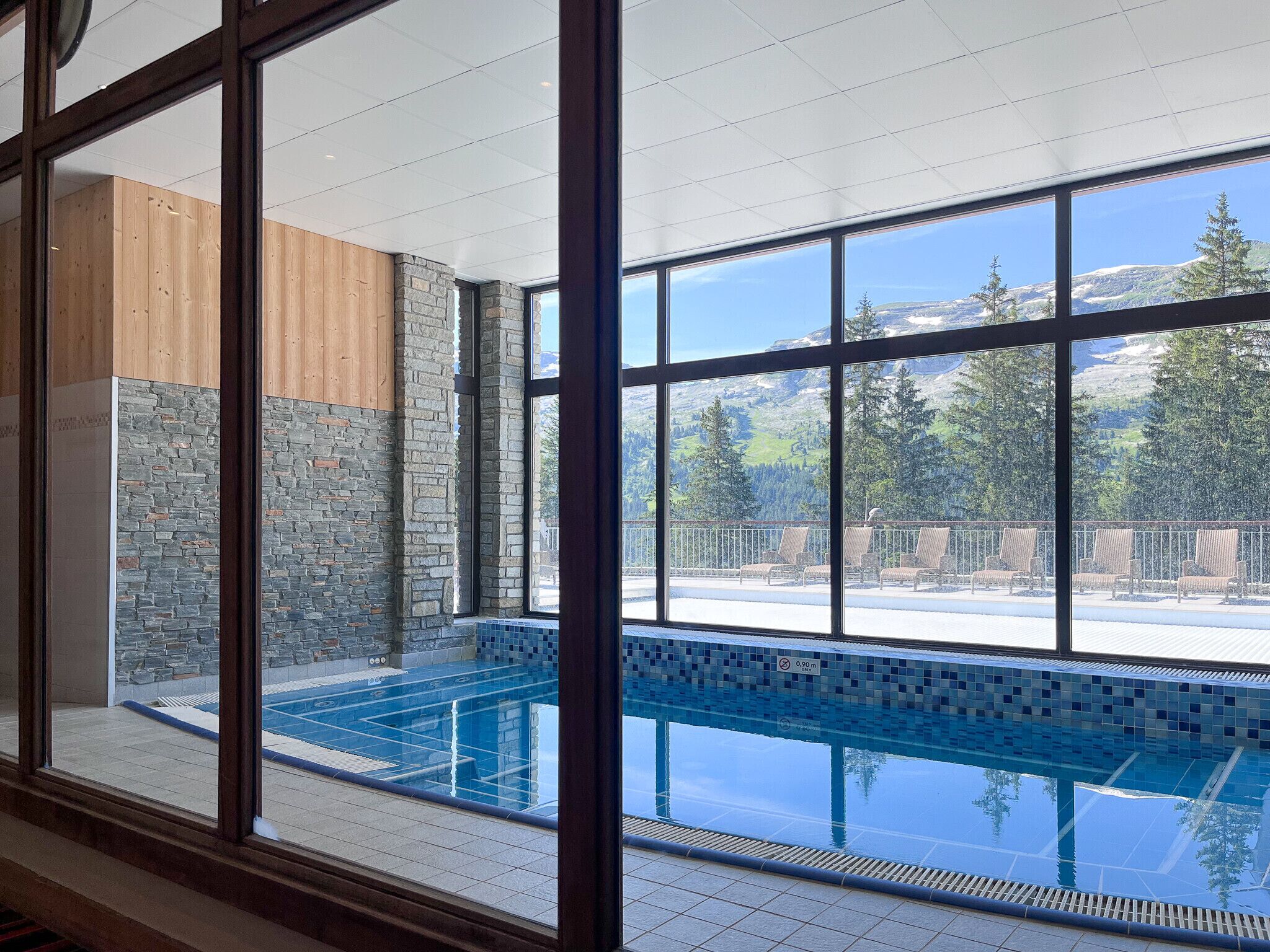 Ein Poolbereich mit Blick auf Berge und Bäume durch große Fenster.