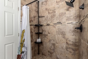 Hair dryer, towels, soap, shampoo