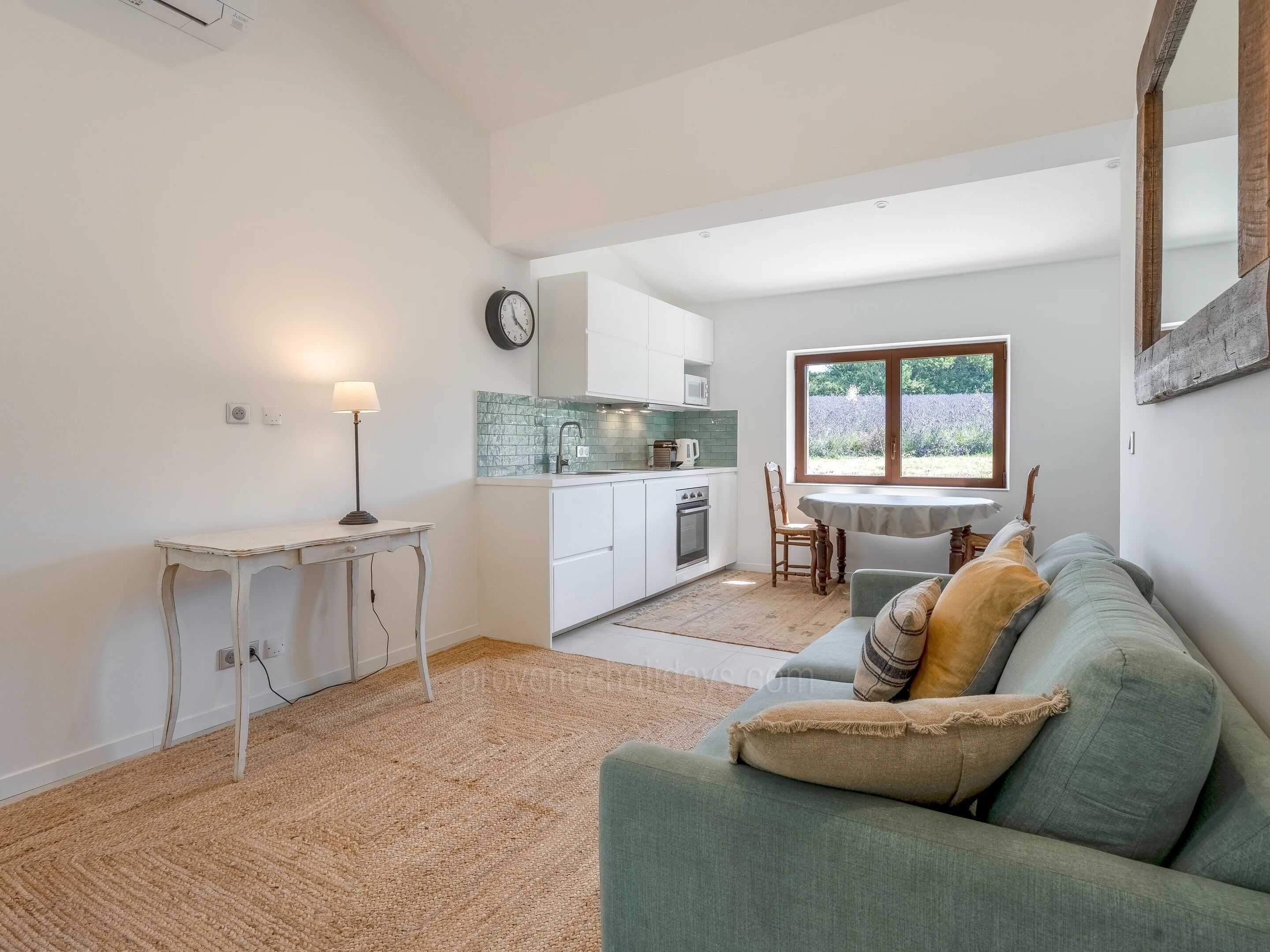 A compact living space with a kitchenette, a dining area, and a seating area with a sofa and a table.