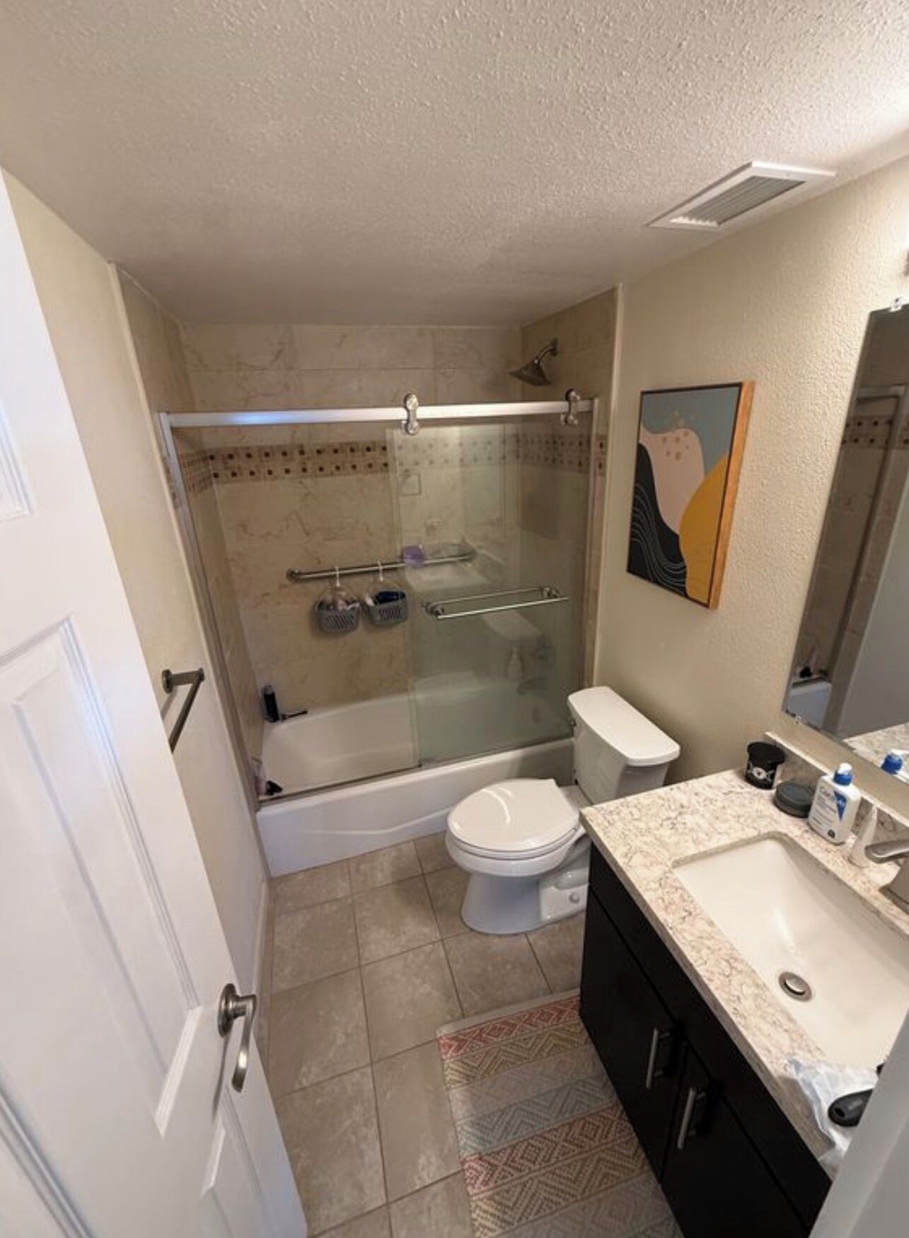 Shower, towels, soap, toilet paper