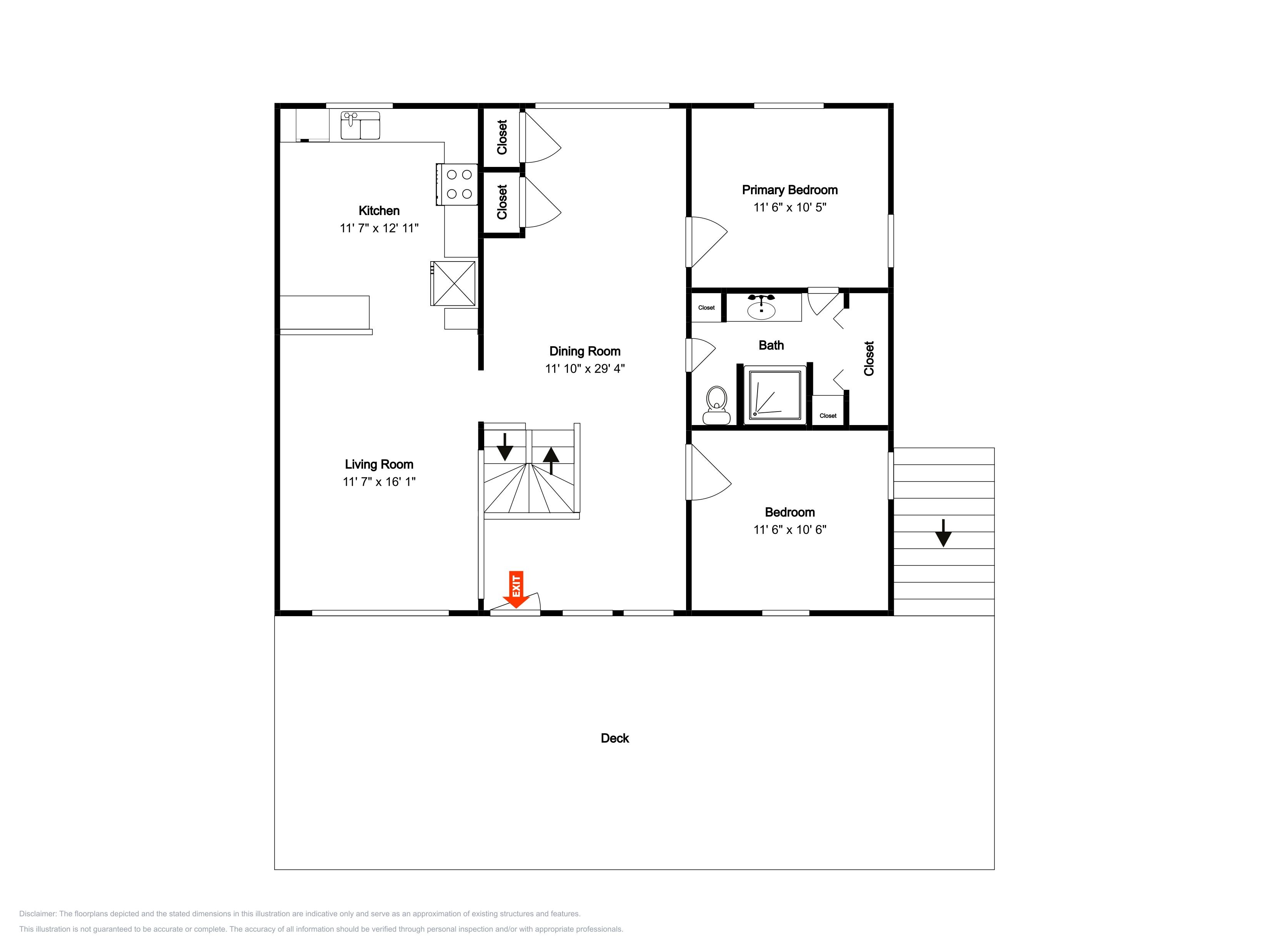 Ein Grundriss mit Küche, Esszimmer, Wohnzimmer, Hauptschlafzimmer, Bad und einem Kleiderschrank.