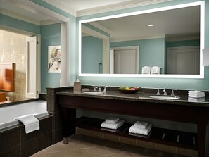 Shower, jetted tub, hair dryer, towels