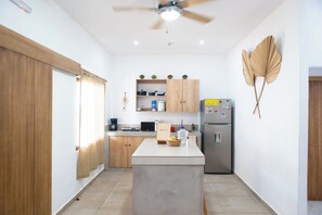 Fridge, microwave, coffee/tea maker, toaster