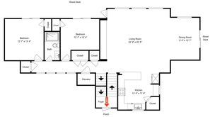 A floor plan with a bedroom, bathroom, closet, living room, dining room, kitchen, and foyer. - Sandcastle by Ryson Vacation Rentals (Galveston)