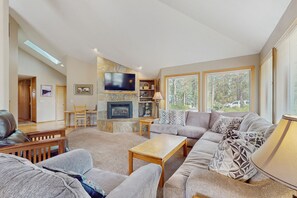 TV, fireplace, foosball, books