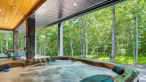 Un jacuzzi con vistas a un bosque.
