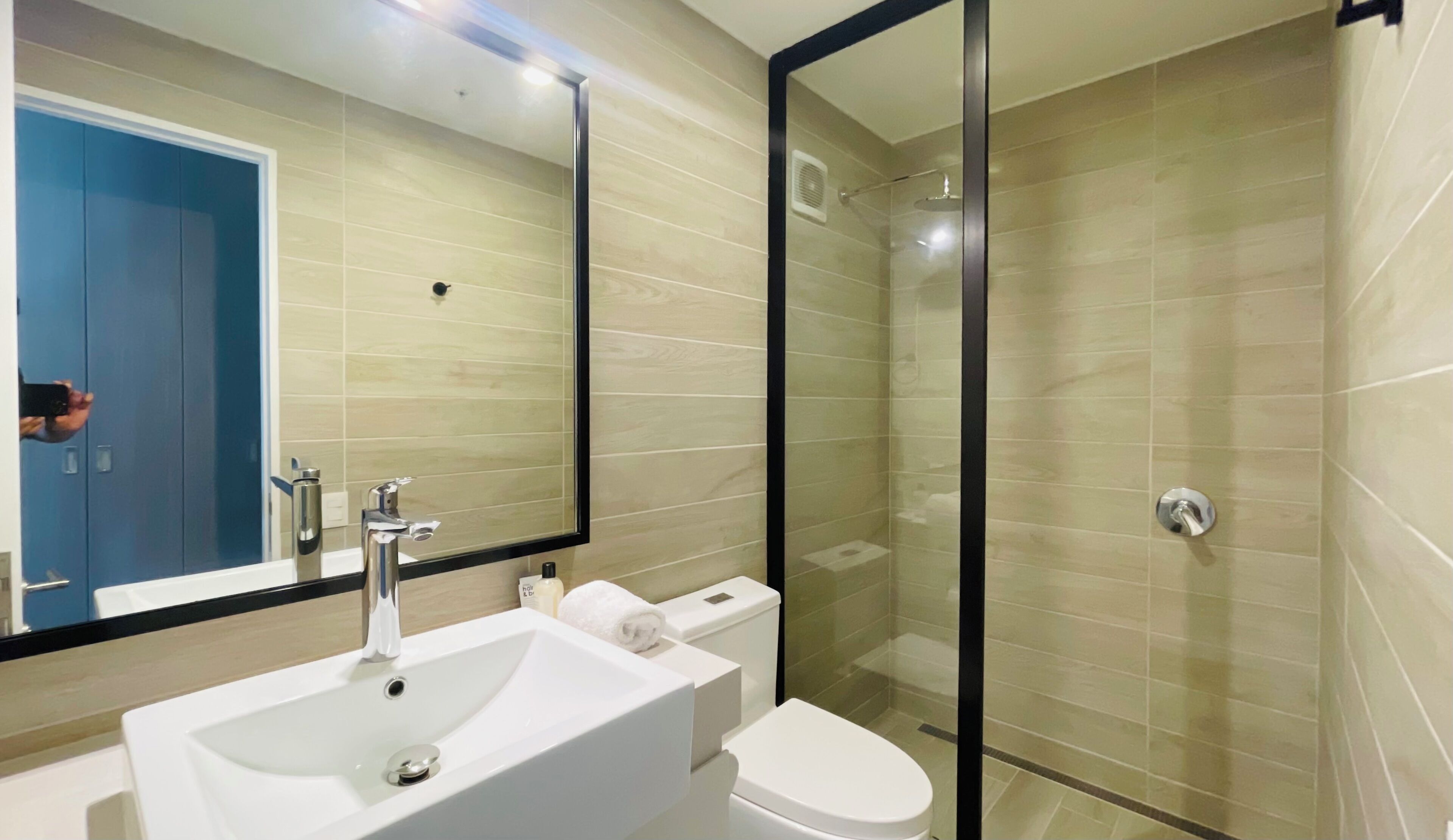 Hair dryer, towels, soap, toilet paper