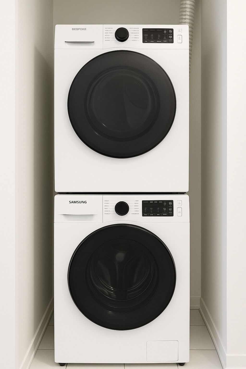 Dos lavadoras apiladas, una modelo BESPOKE y otra SAMSUNG, en un rincón de una habitación.