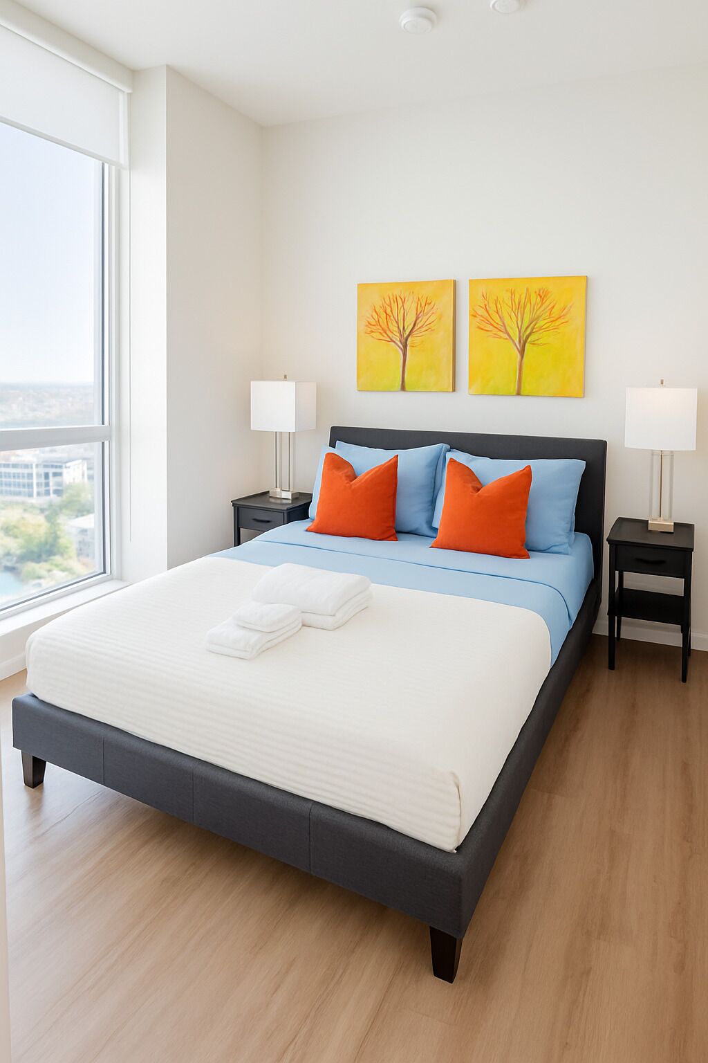 A modern hotel room with a large bed, two nightstands, a window with a city view, and two yellow paintings on the wall.