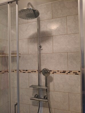 Hair dryer, bidet, towels, soap