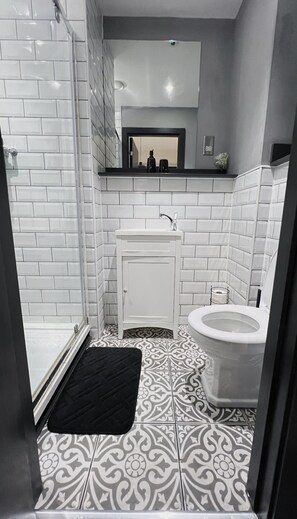 Douche, sèche-cheveux, serviettes fournies, savon