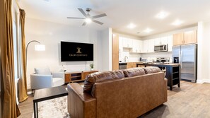 Smart TV, fireplace, books