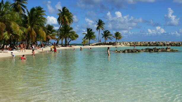 Une plage bordée d’une eau turquoise et limpide, de palmiers et d’une côte rocheuse.