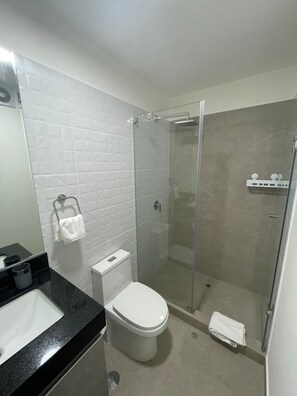 Hair dryer, towels, soap, toilet paper