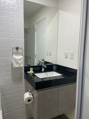 Hair dryer, towels, soap, toilet paper