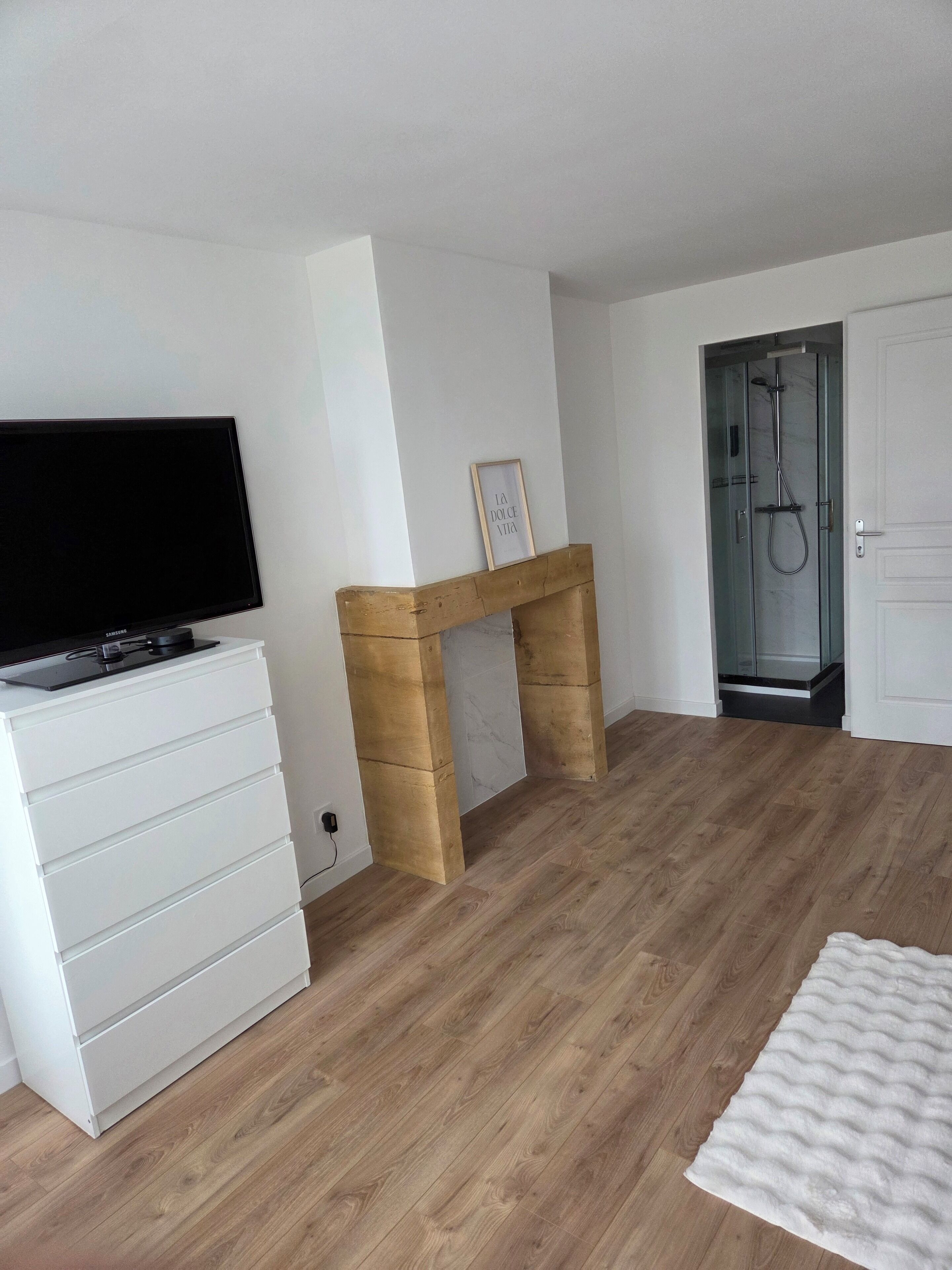 Une pièce avec un téléviseur à écran plat posé sur une commode blanche, une cheminée en bois, une cabine de douche en verre et un tapis blanc.