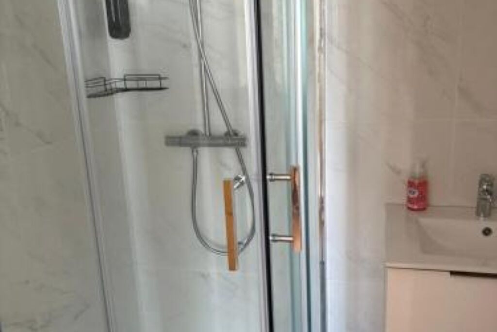 Un baño con cabina de ducha de vidrio, un lavamanos con dispensador de jabón y un armario.
