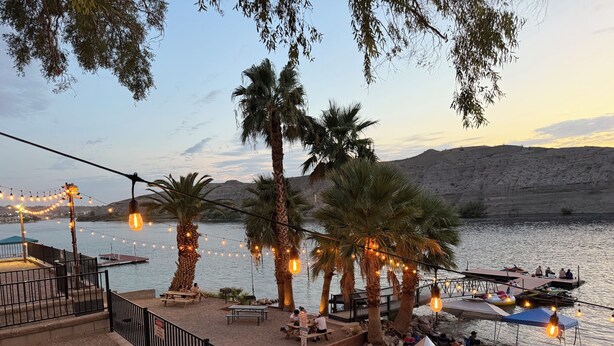 A riverside terrace with palm trees, string lights, and a dock with people.