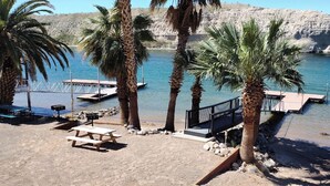 A beach with palm trees, a dock, and a rocky cliff in the background.