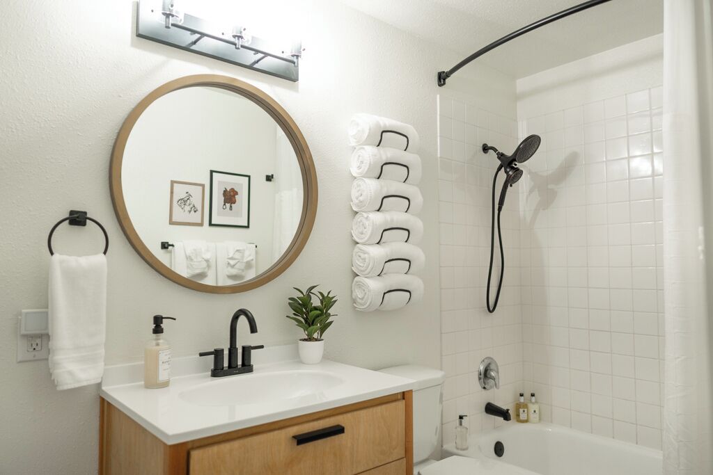 Hair dryer, towels, soap, toilet paper