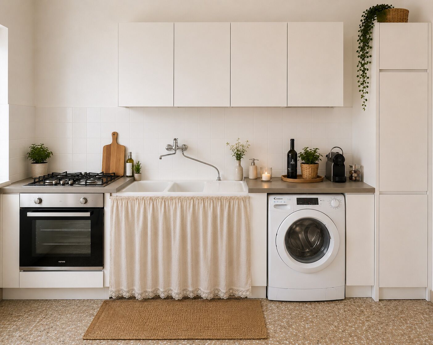 Une cuisine équipée d’une cuisinière à gaz, d’un four, d’un évier et d’un lave-linge.