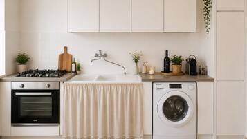Une cuisine équipée d’une cuisinière à gaz, d’un four, d’un évier et d’un lave-linge.