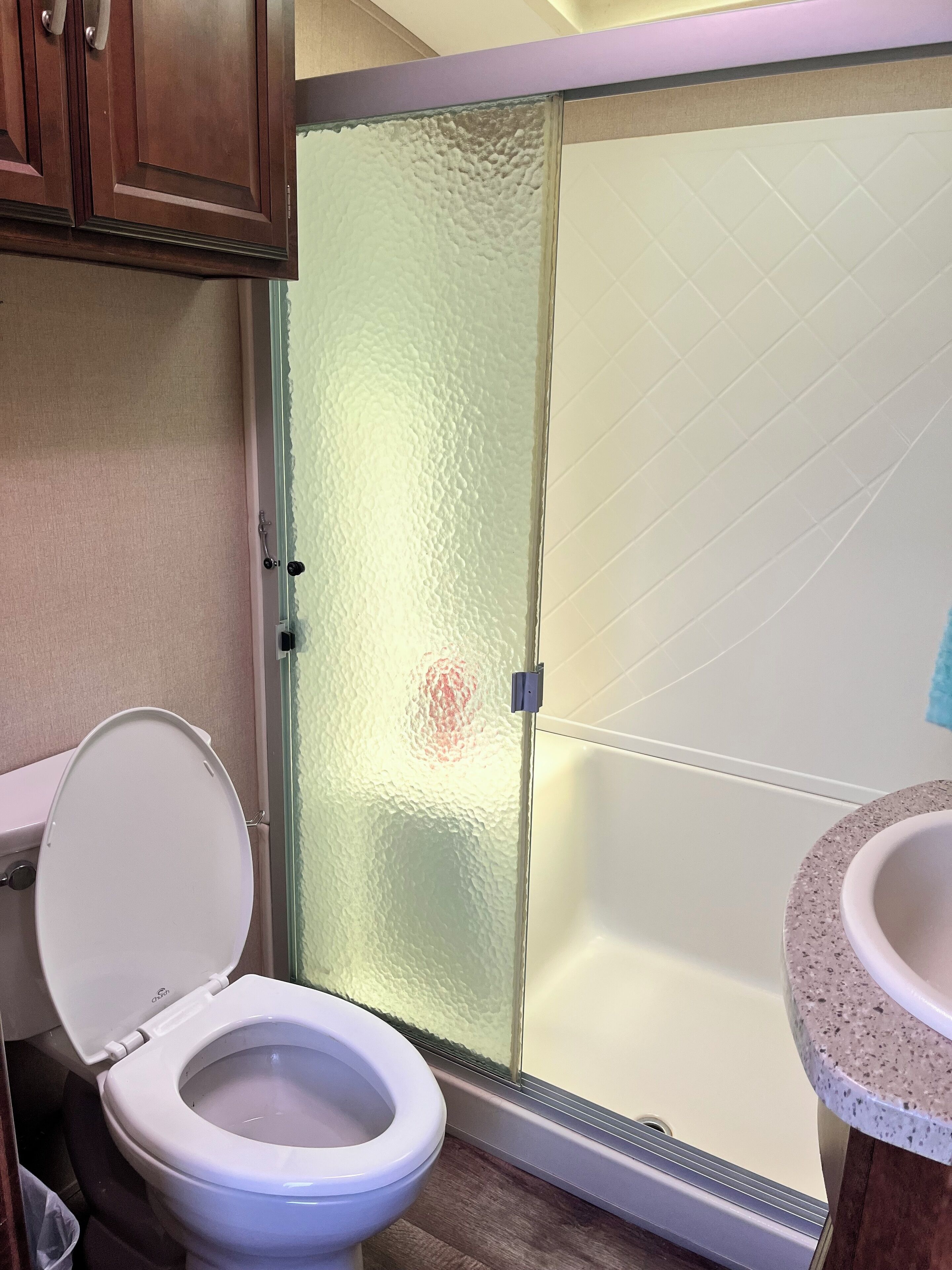 Une salle de bain comprenant des toilettes, une douche avec des portes en verre dépoli et un lavabo avec un plan de travail à motifs.