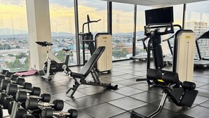 A gym with exercise equipment, including dumbbells, a treadmill, and weight machines, with a city view through large windows.