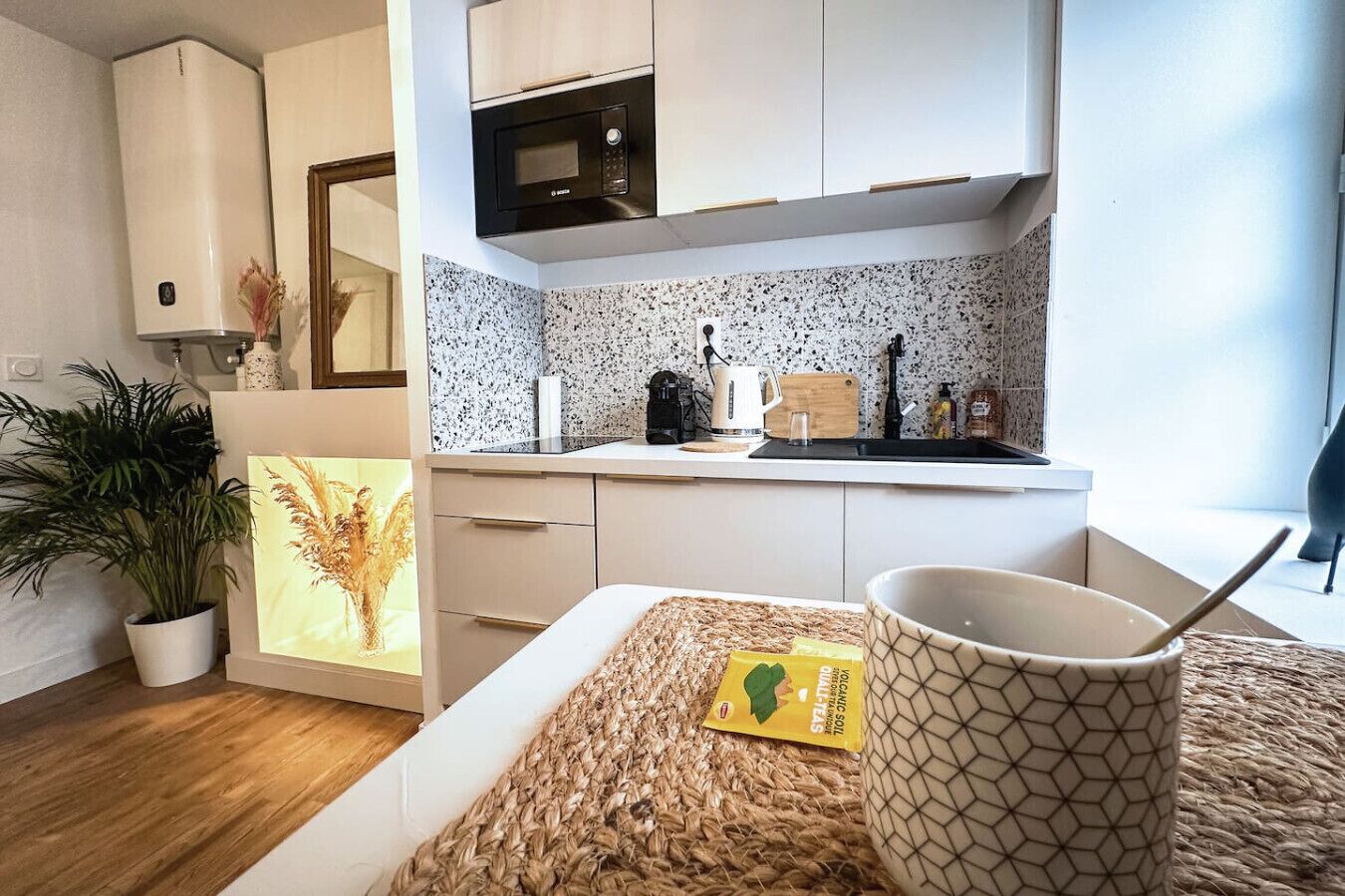 Kühlschrank, Mikrowelle, Herdplatte, Wasserkocher mit Kaffee-/Teezubehör