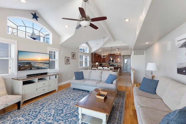 Smart TV, fireplace, video games, DVD player