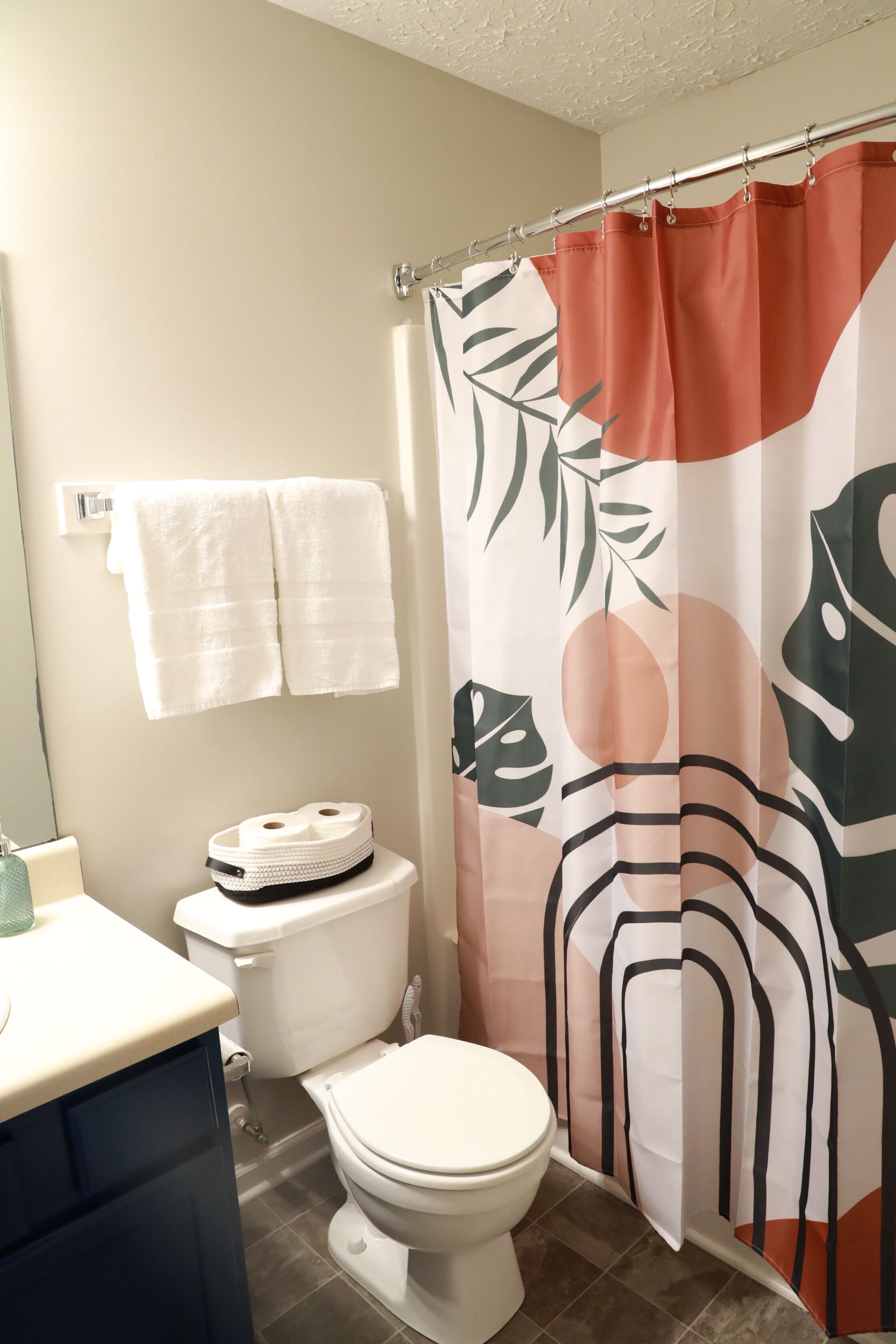 Hair dryer, towels, soap, toilet paper