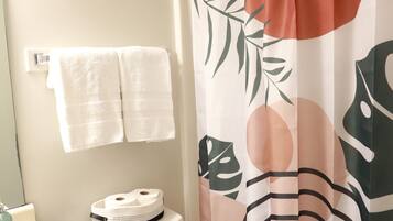 Hair dryer, towels, soap, toilet paper