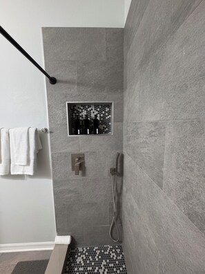 Regadera, secadora de cabello, bidet, toallas 