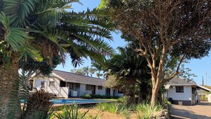 Une maison avec un toit en tuiles, une piscine et un jardin où poussent différentes espèces de plantes.