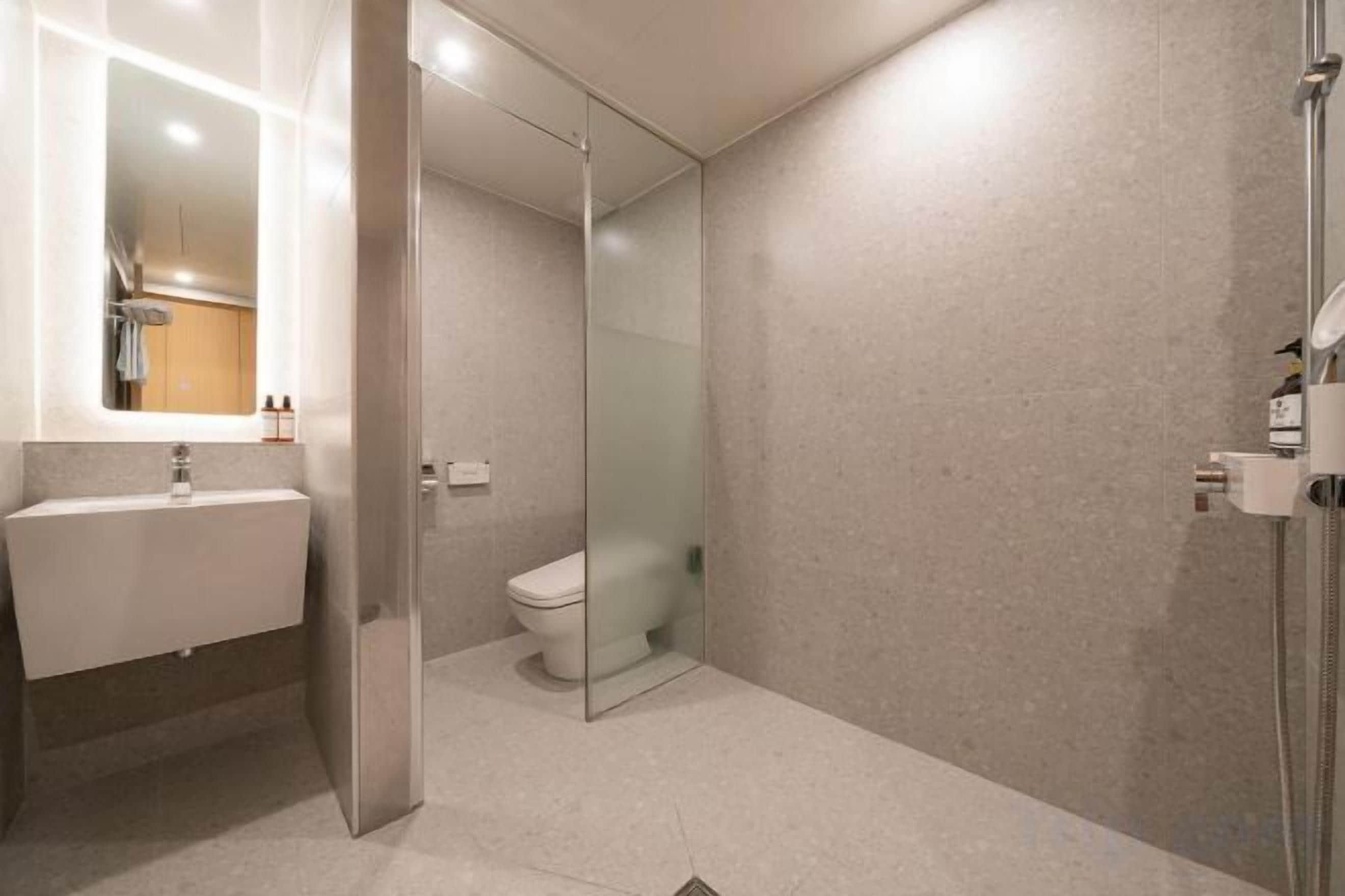A modern bathroom with a glass shower enclosure, a white sink, and a toilet.